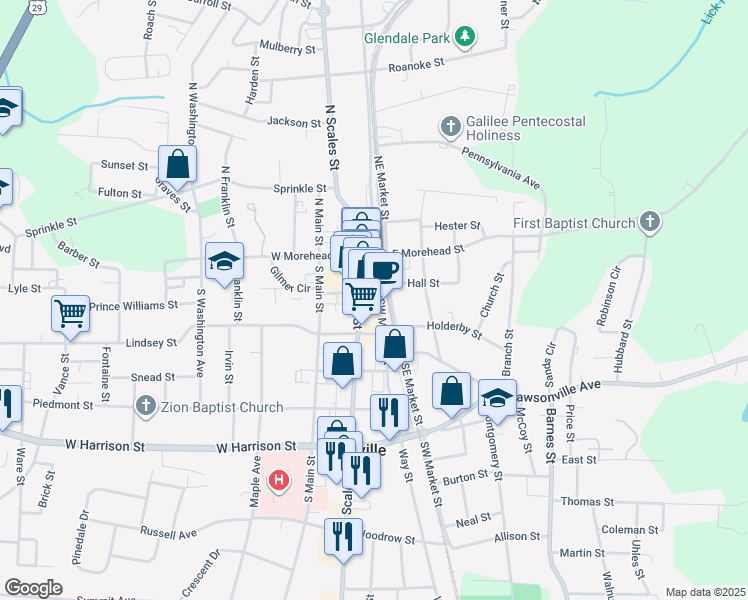 map of restaurants, bars, coffee shops, grocery stores, and more near 105 Gilmer Street in Reidsville