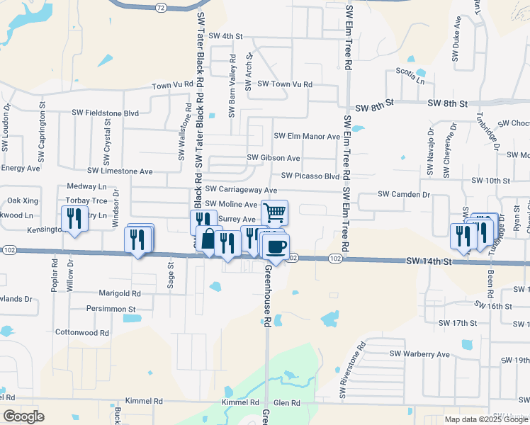 map of restaurants, bars, coffee shops, grocery stores, and more near 3702 Southwest Surrey Avenue in Bentonville