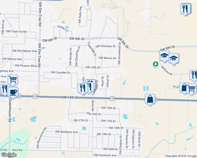 map of restaurants, bars, coffee shops, grocery stores, and more near 1107 Tunbridge Drive in Bentonville