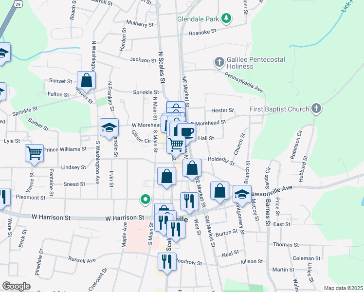 map of restaurants, bars, coffee shops, grocery stores, and more near 105 Gilmer Street in Reidsville