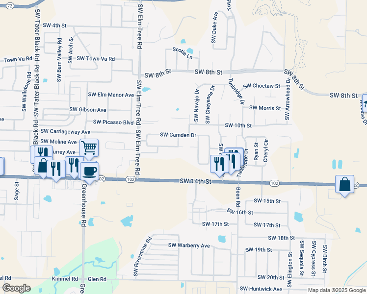 map of restaurants, bars, coffee shops, grocery stores, and more near Southwest Tunica Avenue in Bentonville