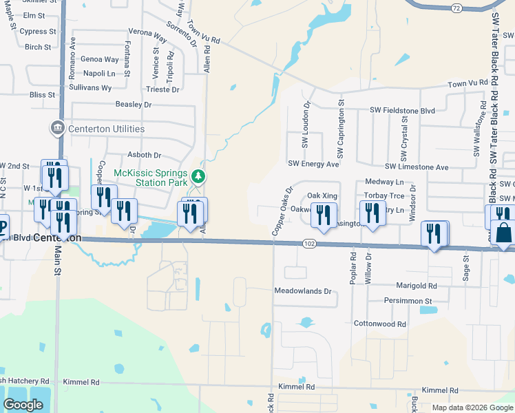 map of restaurants, bars, coffee shops, grocery stores, and more near 838 Oakwood Court in Centerton