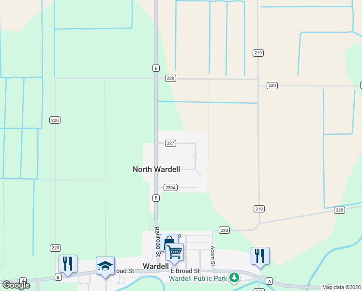 map of restaurants, bars, coffee shops, grocery stores, and more near 344 County Road 227 in Wardell