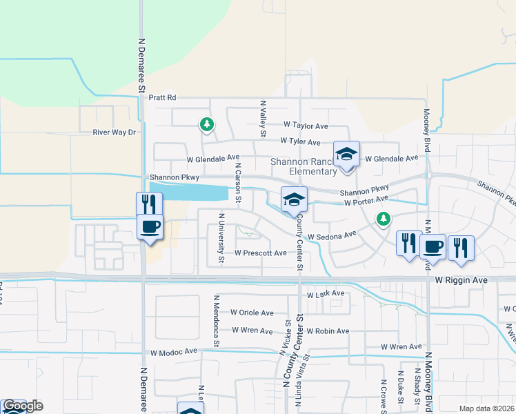 map of restaurants, bars, coffee shops, grocery stores, and more near 3410 N Minden St in Visalia