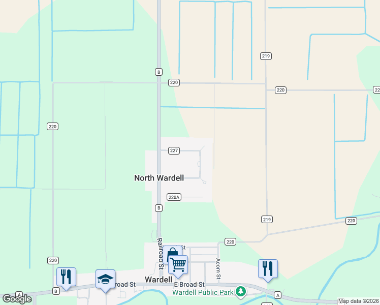 map of restaurants, bars, coffee shops, grocery stores, and more near 344 County Road 227 in Wardell