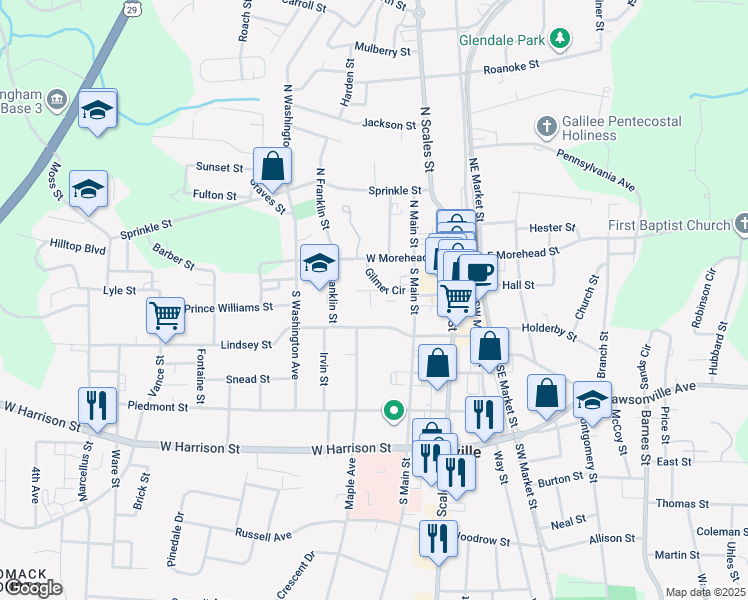 map of restaurants, bars, coffee shops, grocery stores, and more near 407 Gilmer Saint Extension in Reidsville
