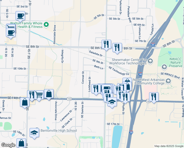 map of restaurants, bars, coffee shops, grocery stores, and more near 1006 Lockheed Street in Bentonville