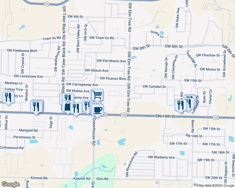 map of restaurants, bars, coffee shops, grocery stores, and more near 3408 Southwest Victoria Place in Bentonville