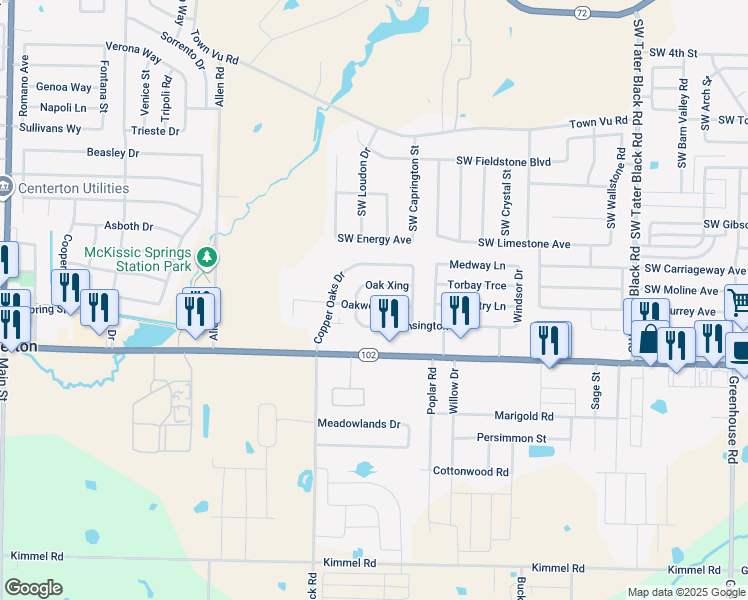 map of restaurants, bars, coffee shops, grocery stores, and more near 913 Oakwood Lane in Centerton