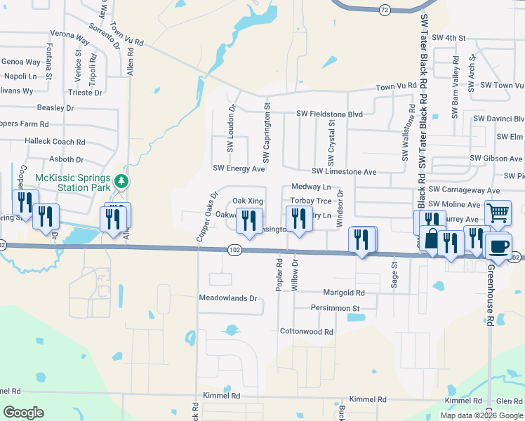 map of restaurants, bars, coffee shops, grocery stores, and more near 1015 Oakwood Lane in Centerton