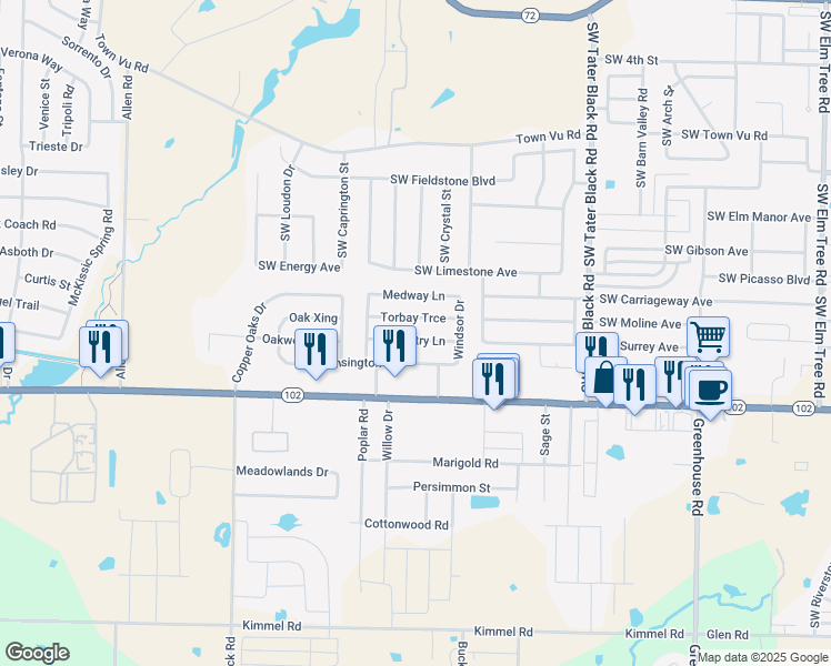 map of restaurants, bars, coffee shops, grocery stores, and more near 1221 Coventry Lane in Centerton