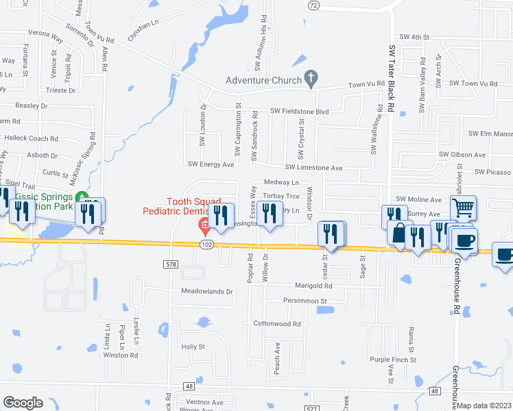map of restaurants, bars, coffee shops, grocery stores, and more near 1121 Coventry Lane in Centerton