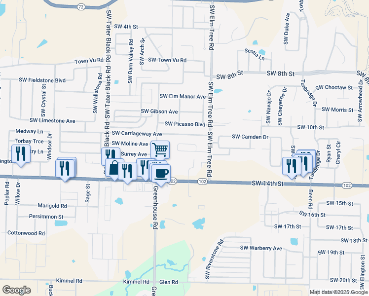 map of restaurants, bars, coffee shops, grocery stores, and more near 3408 Southwest Victoria Place in Bentonville
