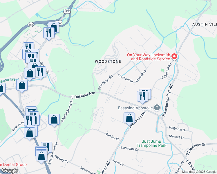 map of restaurants, bars, coffee shops, grocery stores, and more near 503 Sunnyvale Drive in Johnson City