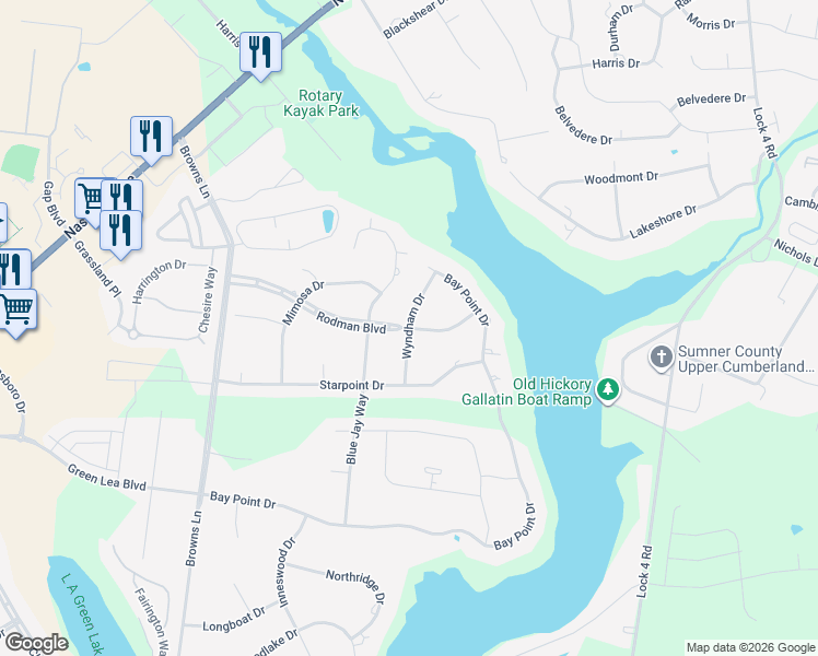 map of restaurants, bars, coffee shops, grocery stores, and more near Wyndham Drive in Gallatin