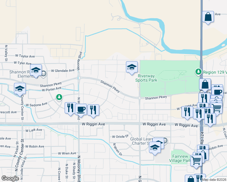 map of restaurants, bars, coffee shops, grocery stores, and more near 3334 North Dayton Court in Visalia