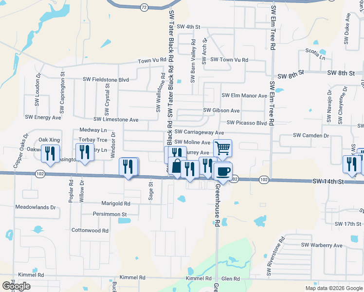 map of restaurants, bars, coffee shops, grocery stores, and more near 4000 Southwest Surrey Avenue in Bentonville