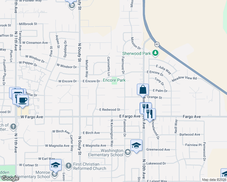 map of restaurants, bars, coffee shops, grocery stores, and more near 399 Palm Circle in Hanford