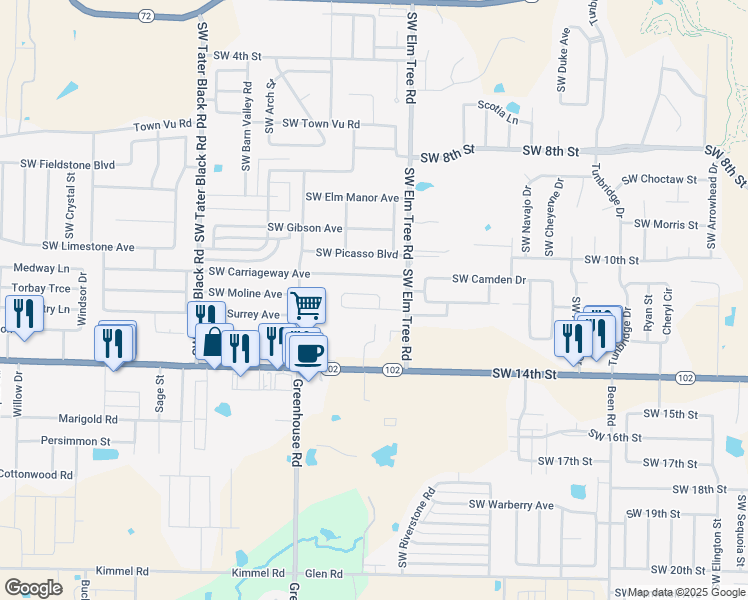 map of restaurants, bars, coffee shops, grocery stores, and more near 3401 Southwest Landau Court in Bentonville