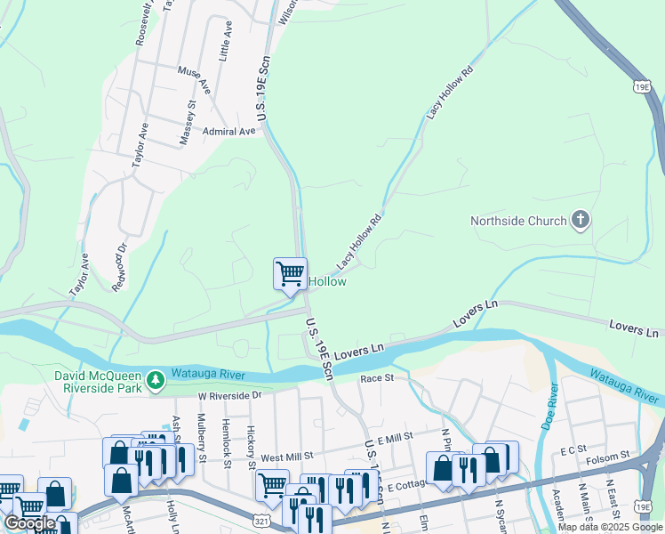 map of restaurants, bars, coffee shops, grocery stores, and more near 121 Lacy Hollow Road in Elizabethton
