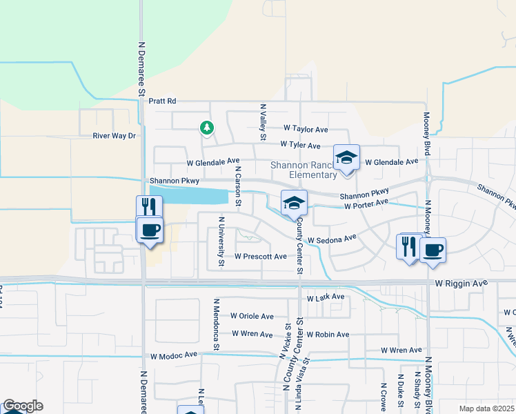 map of restaurants, bars, coffee shops, grocery stores, and more near 3420 North Minden Street in Visalia