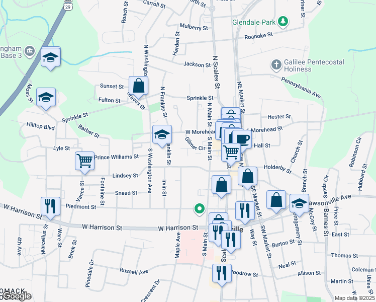 map of restaurants, bars, coffee shops, grocery stores, and more near 403 Gilmer Saint Extension in Reidsville