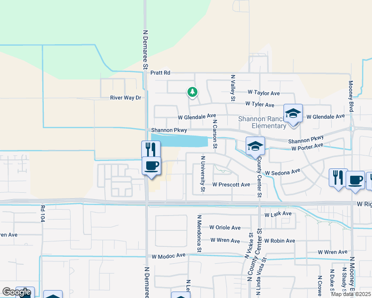map of restaurants, bars, coffee shops, grocery stores, and more near 3274 West Sedona Avenue in Visalia