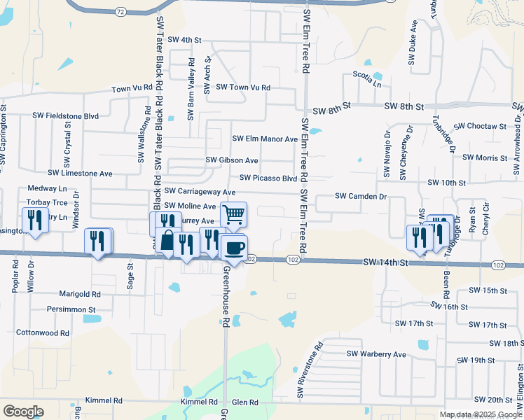 map of restaurants, bars, coffee shops, grocery stores, and more near 3408 Southwest Victoria Place in Bentonville