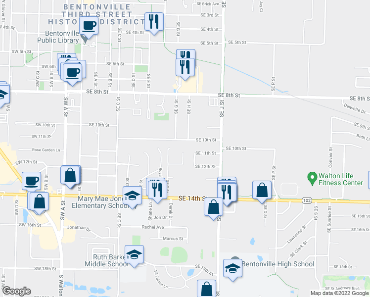 map of restaurants, bars, coffee shops, grocery stores, and more near 1101 Southeast Phoenix Street in Bentonville