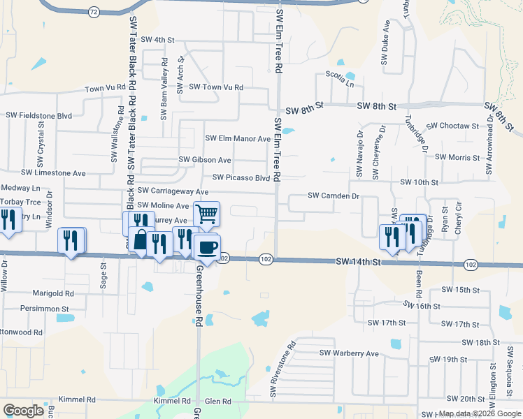 map of restaurants, bars, coffee shops, grocery stores, and more near 3304 Southwest Victoria Place in Bentonville