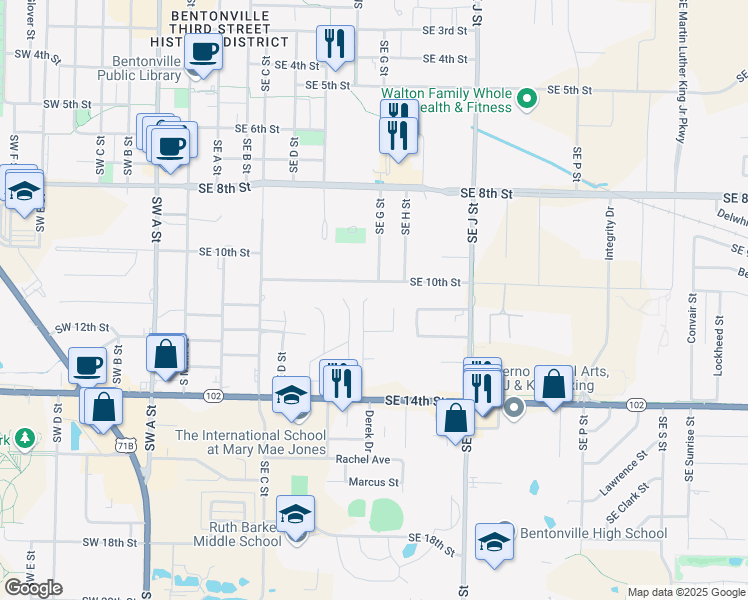 map of restaurants, bars, coffee shops, grocery stores, and more near 1101 Southeast G Street in Bentonville