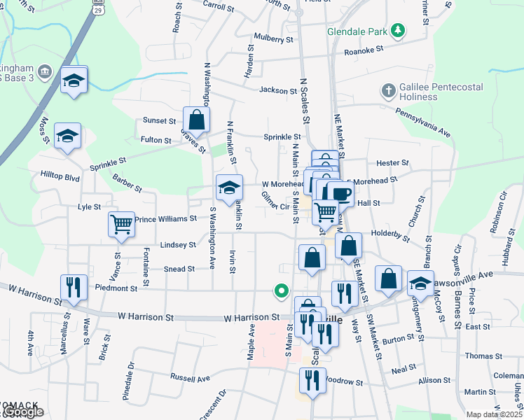 map of restaurants, bars, coffee shops, grocery stores, and more near 407 Gilmer Saint Extension in Reidsville