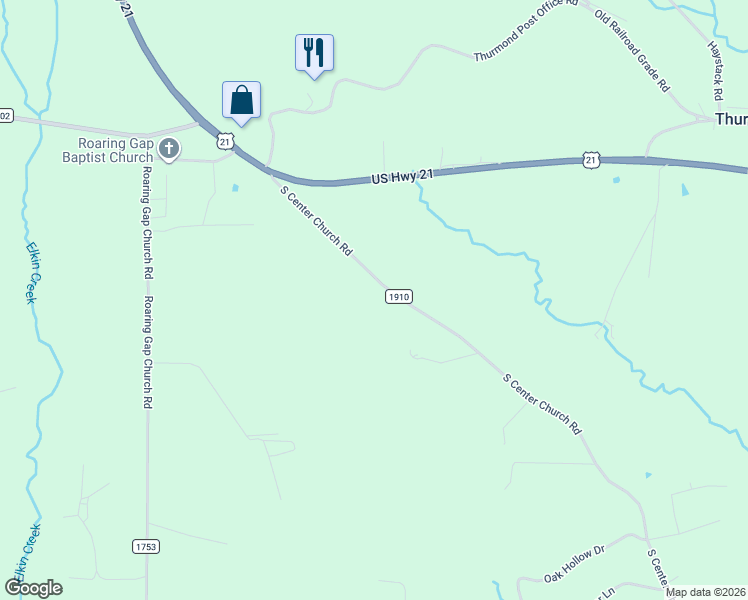 map of restaurants, bars, coffee shops, grocery stores, and more near 4225 South Center Church Road in Thurmond