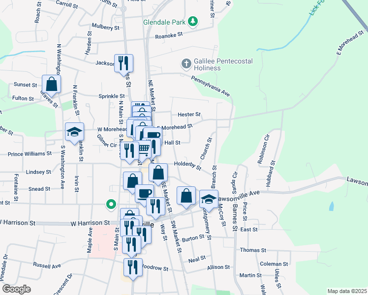 map of restaurants, bars, coffee shops, grocery stores, and more near 211 South Harris Street in Reidsville