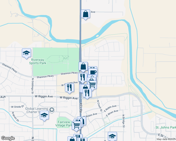map of restaurants, bars, coffee shops, grocery stores, and more near in Visalia