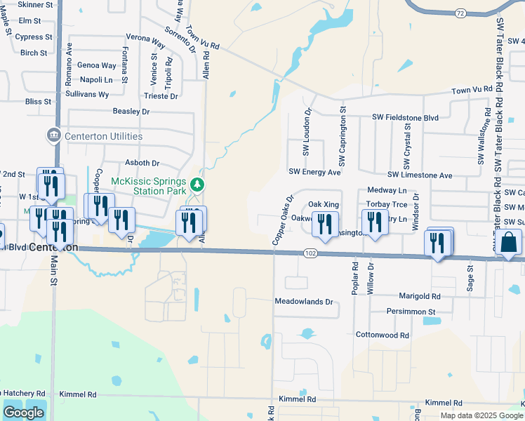 map of restaurants, bars, coffee shops, grocery stores, and more near 880 Oakwood Court in Centerton