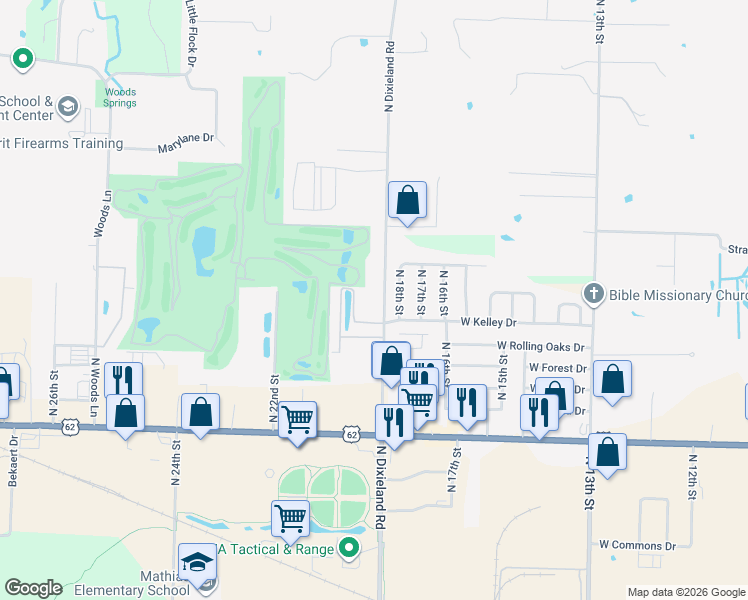 map of restaurants, bars, coffee shops, grocery stores, and more near 2910 North 18th Street in Rogers