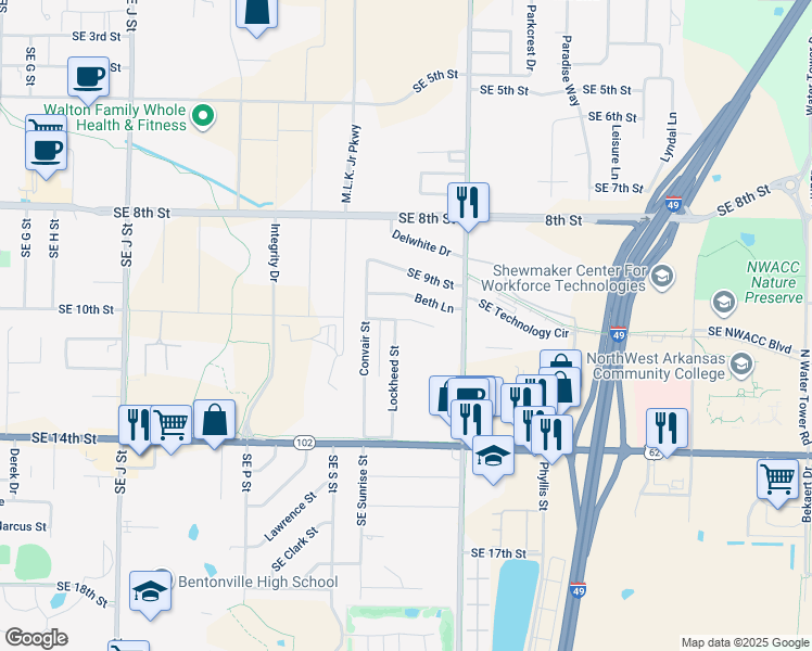map of restaurants, bars, coffee shops, grocery stores, and more near 2204 Douglas Street in Bentonville