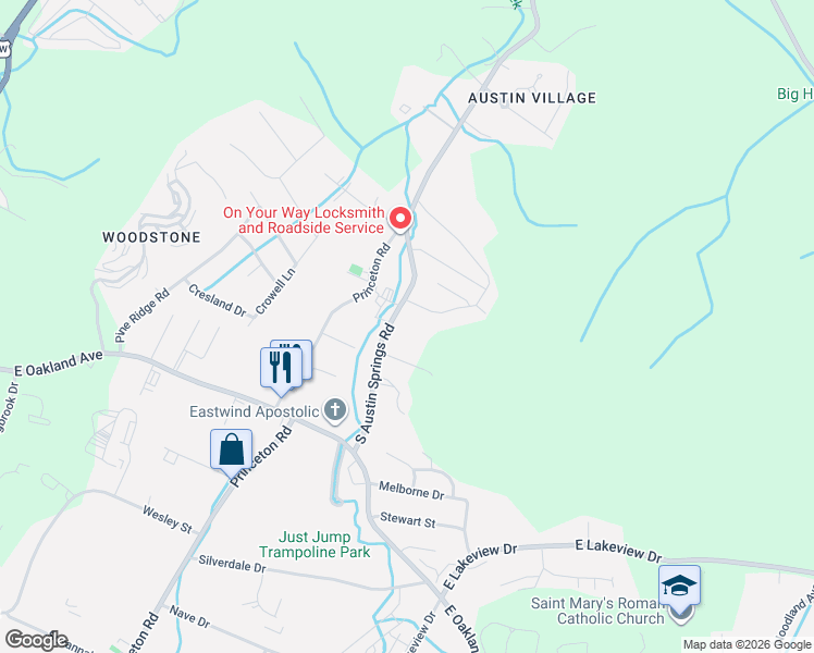 map of restaurants, bars, coffee shops, grocery stores, and more near 180 South Austin Springs Road in Johnson City