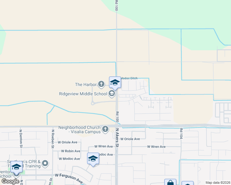 map of restaurants, bars, coffee shops, grocery stores, and more near 3315 North Akers Street in Visalia