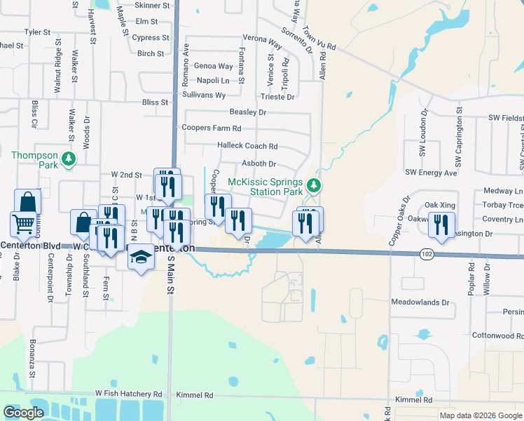 map of restaurants, bars, coffee shops, grocery stores, and more near 421 Kate Drive in Centerton