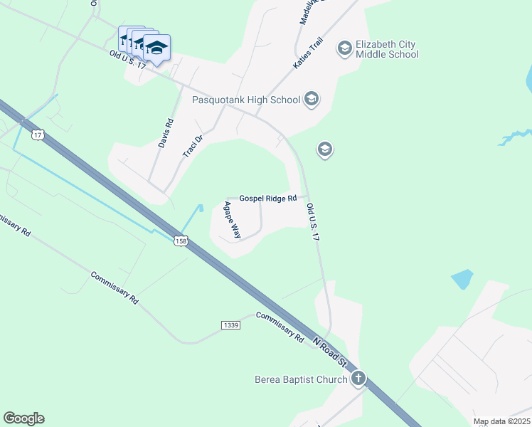 map of restaurants, bars, coffee shops, grocery stores, and more near 103 Maranatha Place in Elizabeth City