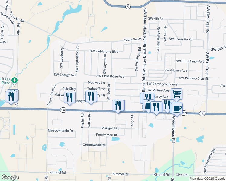 map of restaurants, bars, coffee shops, grocery stores, and more near 4302 Southwest Broadstone Avenue in Bentonville