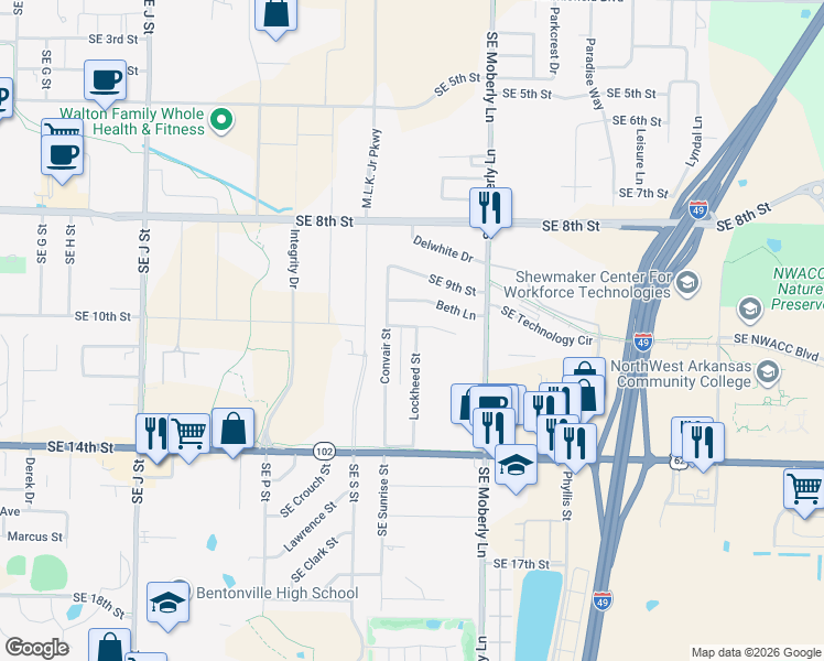 map of restaurants, bars, coffee shops, grocery stores, and more near 1006 Lockheed Street in Bentonville