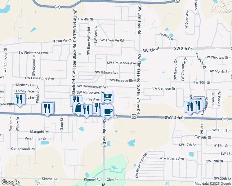 map of restaurants, bars, coffee shops, grocery stores, and more near 3506 Southwest Landau Court in Bentonville