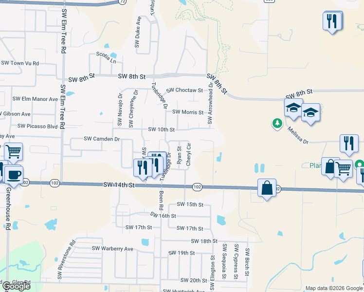 map of restaurants, bars, coffee shops, grocery stores, and more near 1107 Tunbridge Drive in Bentonville