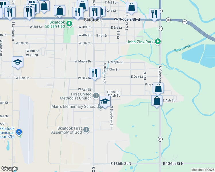 map of restaurants, bars, coffee shops, grocery stores, and more near 217 East Pine Place in Skiatook