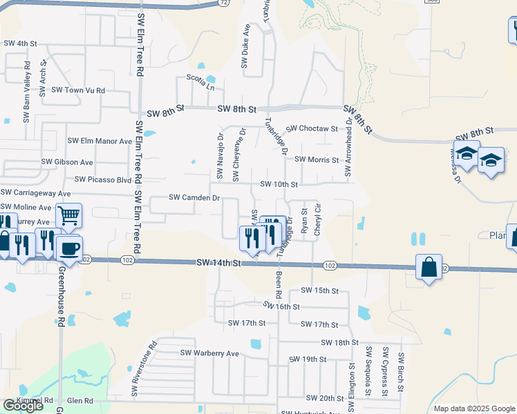 map of restaurants, bars, coffee shops, grocery stores, and more near Southwest Tunica Avenue in Bentonville