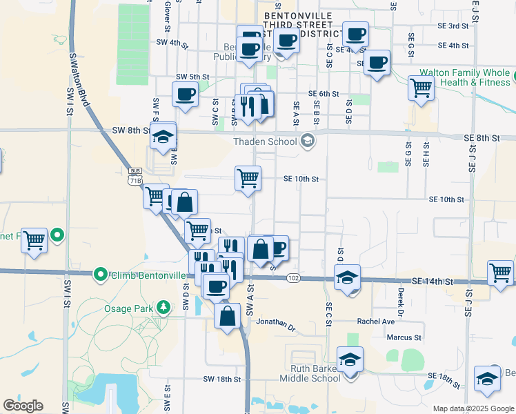 map of restaurants, bars, coffee shops, grocery stores, and more near 1011 Southwest A Street in Bentonville
