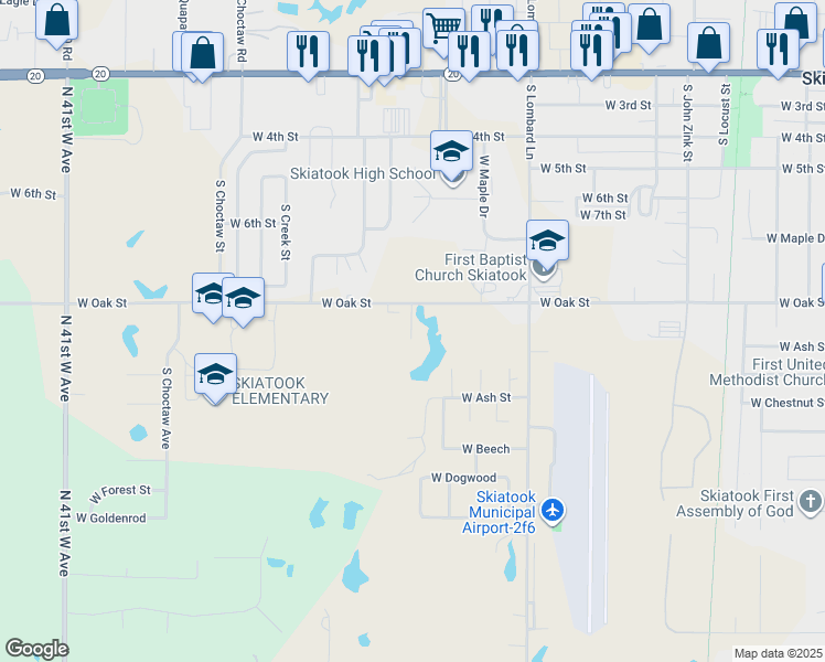 map of restaurants, bars, coffee shops, grocery stores, and more near 1002 South Fairfax Avenue in Skiatook